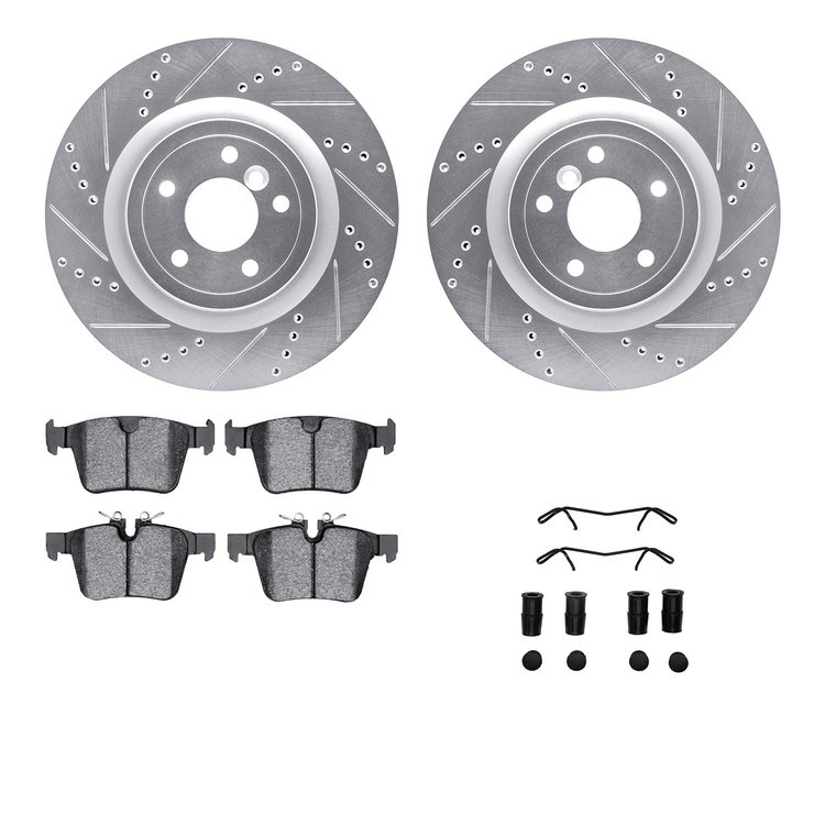 7612-20026 Drilled/Slotted Brake Rotors w/5000 Euro Ceramic Brake Pads Kit & Hardware [Silver], Fits Select Jaguar, Position: Re