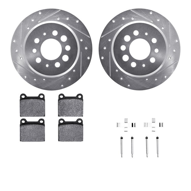 7612-27001 Drilled/Slotted Brake Rotors w/5000 Euro Ceramic Brake Pads Kit & Hardware [Silver], 1967-1974 Volvo, Position: Rear