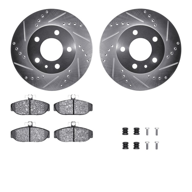 7612-27015 Drilled/Slotted Brake Rotors w/5000 Euro Ceramic Brake Pads Kit & Hardware [Silver], 1983-1990 Volvo, Position: Front