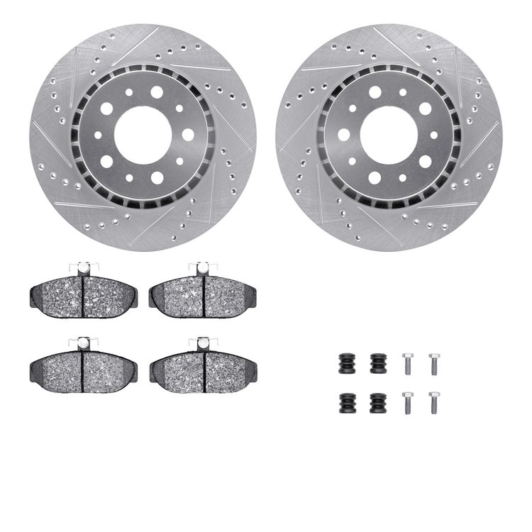 7612-27016 Drilled/Slotted Brake Rotors w/5000 Euro Ceramic Brake Pads Kit & Hardware [Silver], 1983-1992 Volvo, Position: Front