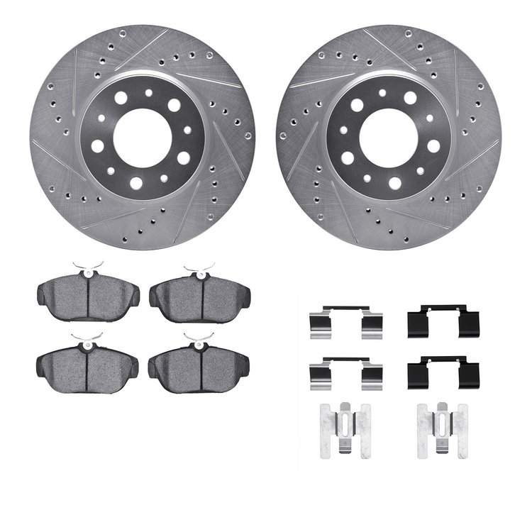 7612-27018 Drilled/Slotted Brake Rotors w/5000 Euro Ceramic Brake Pads Kit & Hardware [Silver], 1991-1995 Volvo, Position: Front