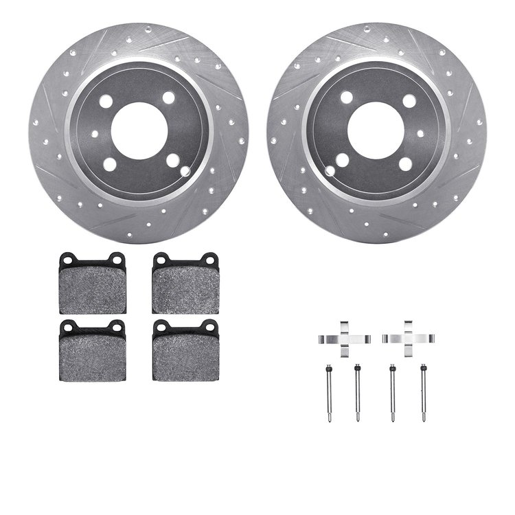 7612-27020 Drilled/Slotted Brake Rotors w/5000 Euro Ceramic Brake Pads Kit & Hardware [Silver], 1993-1995 Volvo, Position: Rear
