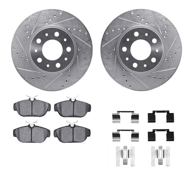 7612-27021 Drilled/Slotted Brake Rotors w/5000 Euro Ceramic Brake Pads Kit & Hardware [Silver], 1995-1998 Volvo, Position: Front