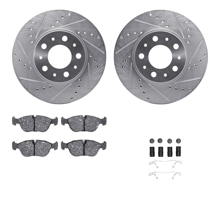 7612-27022 Drilled/Slotted Brake Rotors w/5000 Euro Ceramic Brake Pads Kit & Hardware [Silver], 1996-2004 Volvo, Position: Front