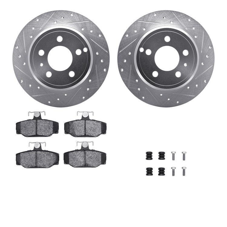 7612-27024 Drilled/Slotted Brake Rotors w/5000 Euro Ceramic Brake Pads Kit & Hardware [Silver], 1996-1997 Volvo, Position: Rear