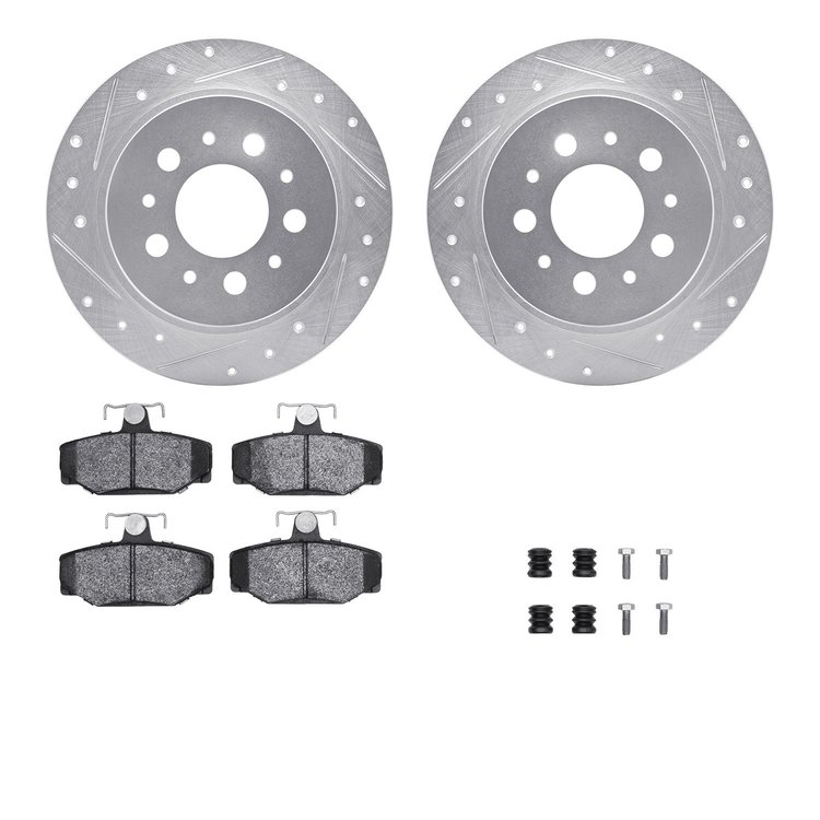 7612-27025 Drilled/Slotted Brake Rotors w/5000 Euro Ceramic Brake Pads Kit & Hardware [Silver], 1995-1997 Volvo, Position: Rear