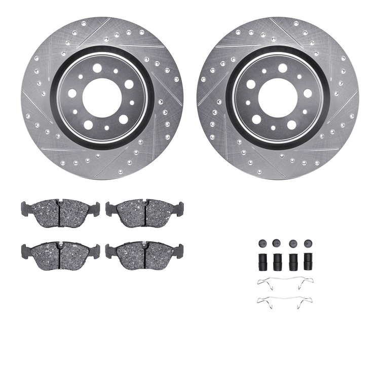 7612-27027 Drilled/Slotted Brake Rotors w/5000 Euro Ceramic Brake Pads Kit & Hardware [Silver], 1998-2004 Volvo, Position: Front