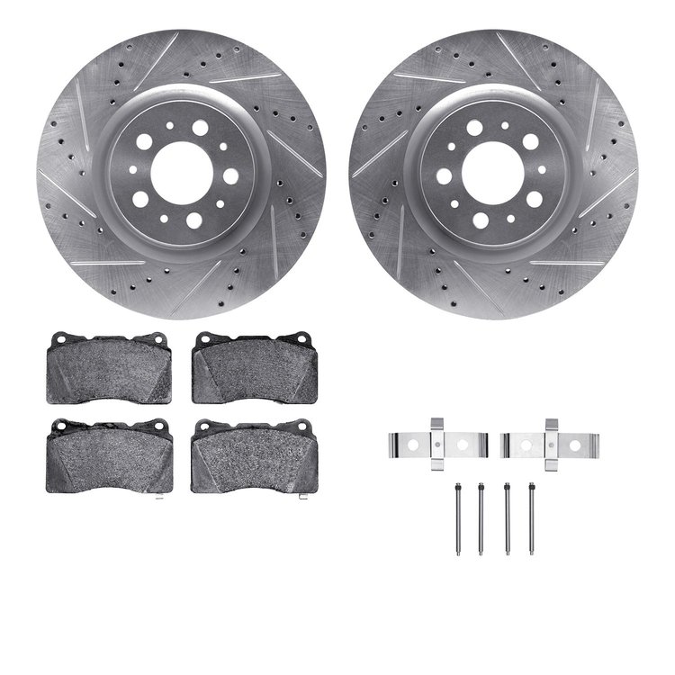 7612-27033 Drilled/Slotted Brake Rotors w/5000 Euro Ceramic Brake Pads Kit & Hardware [Silver], 2004-2007 Volvo, Position: Front