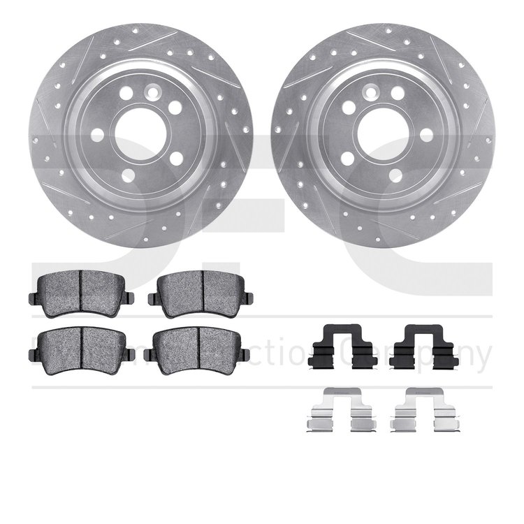 7612-27036 Drilled/Slotted Brake Rotors w/5000 Euro Ceramic Brake Pads Kit & Hardware [Silver], 2008-2008 Volvo, Position: Rear