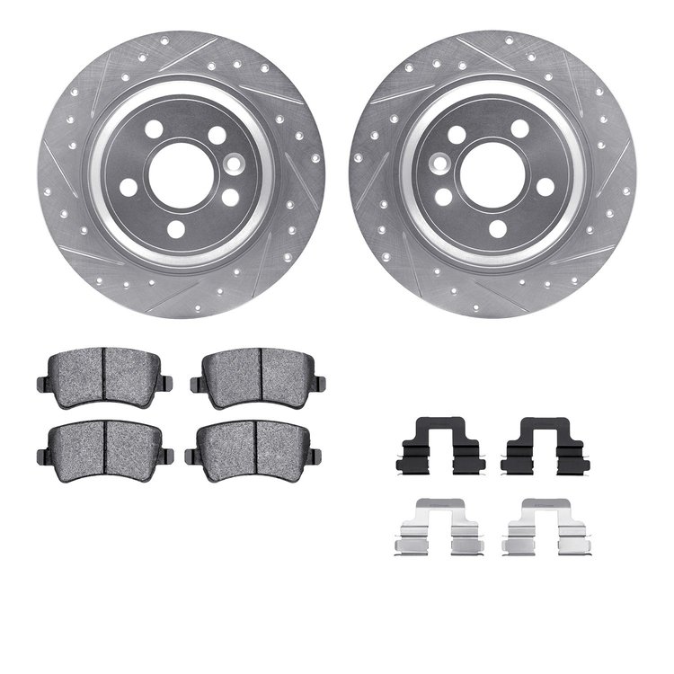 7612-27039 Drilled/Slotted Brake Rotors w/5000 Euro Ceramic Brake Pads Kit & Hardware [Silver], 2007-2018 Volvo, Position: Rear