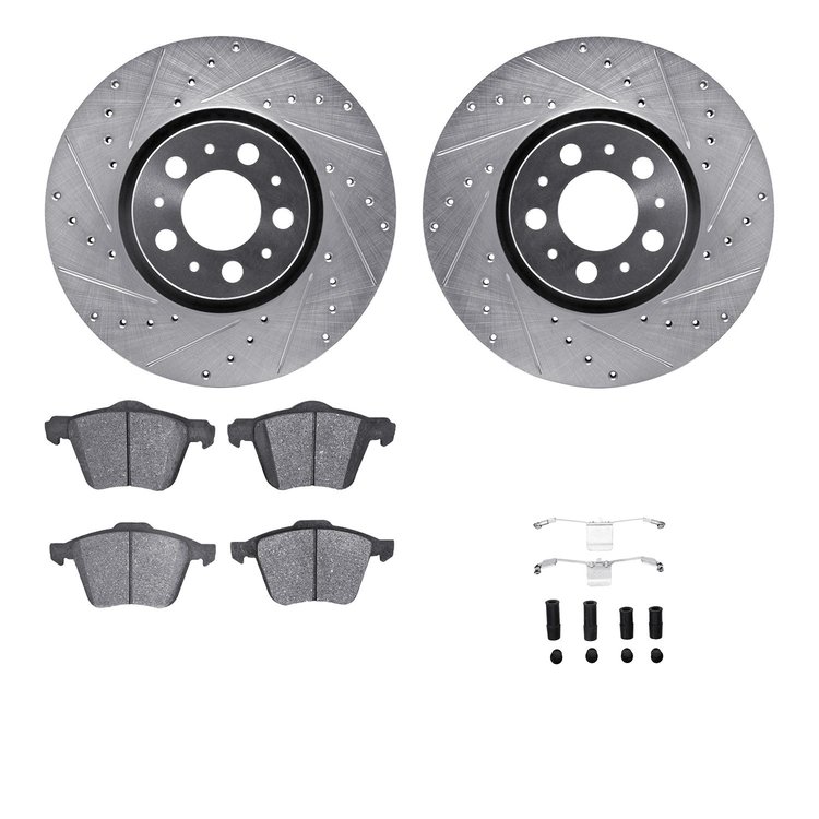 7612-27043 Drilled/Slotted Brake Rotors w/5000 Euro Ceramic Brake Pads Kit & Hardware [Silver], 2003-2009 Volvo, Position: Front