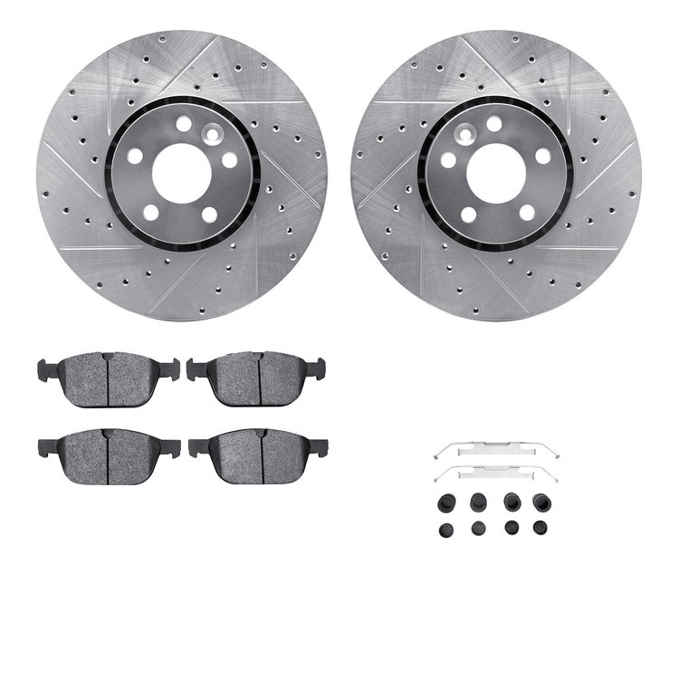 7612-27047 Drilled/Slotted Brake Rotors w/5000 Euro Ceramic Brake Pads Kit & Hardware [Silver], 2010-2016 Volvo, Position: Front