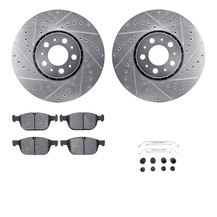 7612-27049 Drilled/Slotted Brake Rotors w/5000 Euro Ceramic Brake Pads Kit & Hardware [Silver], 2003-2014 Volvo, Position: Front