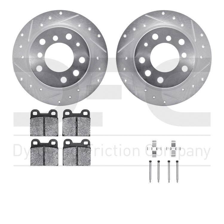7612-31002 Drilled/Slotted Brake Rotors w/5000 Euro Ceramic Brake Pads Kit & Hardware [Silver], 1969-1978 BMW, Position: Rear