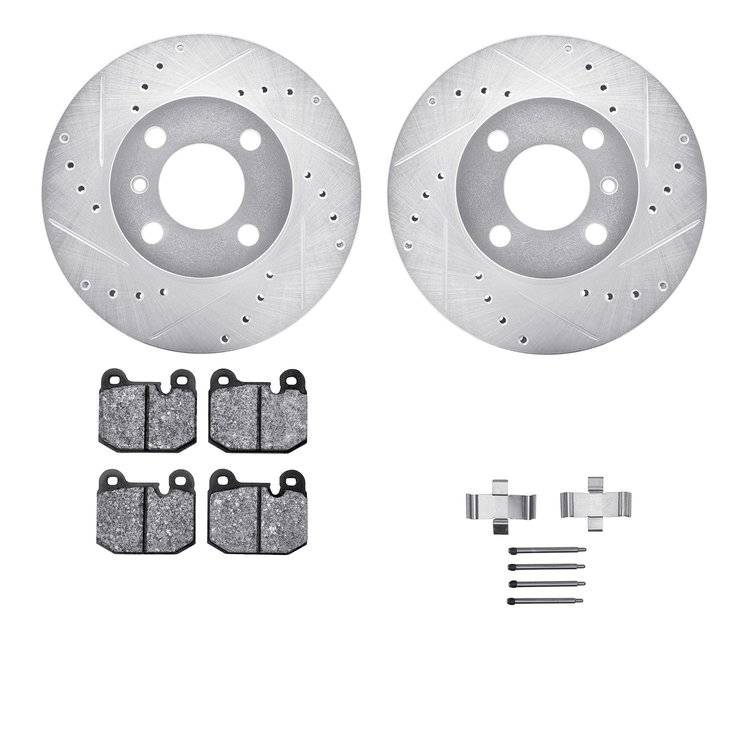 7612-31003 Drilled/Slotted Brake Rotors w/5000 Euro Ceramic Brake Pads Kit & Hardware [Silver], 1977-1977 BMW, Position: Front