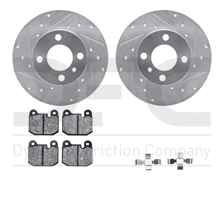 7612-31004 Drilled/Slotted Brake Rotors w/5000 Euro Ceramic Brake Pads Kit & Hardware [Silver], 1977-1983 BMW, Position: Front