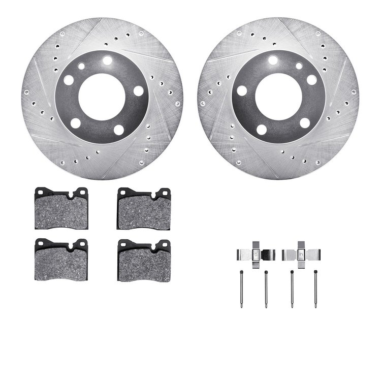 7612-31007 Drilled/Slotted Brake Rotors w/5000 Euro Ceramic Brake Pads Kit & Hardware [Silver], 1982-1986 BMW, Position: Front