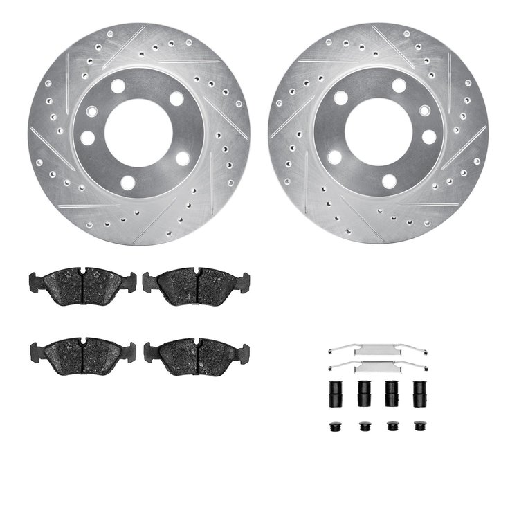 7612-31009 Drilled/Slotted Brake Rotors w/5000 Euro Ceramic Brake Pads Kit & Hardware [Silver], 1982-1989 BMW, Position: Front