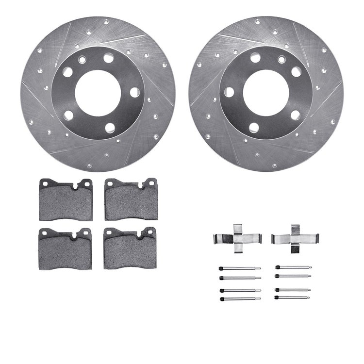7612-31010 Drilled/Slotted Brake Rotors w/5000 Euro Ceramic Brake Pads Kit & Hardware [Silver], 1976-1976 BMW, Position: Front