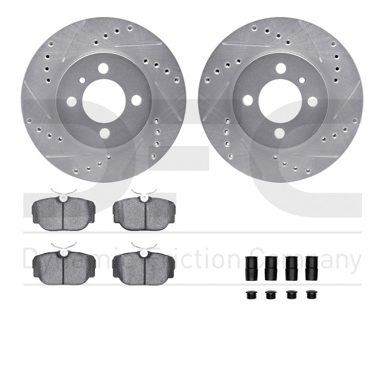 7612-31014 Drilled/Slotted Brake Rotors w/5000 Euro Ceramic Brake Pads Kit & Hardware [Silver], 1984-1991 BMW, Position: Front