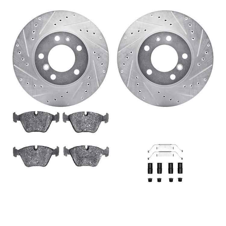 7612-31018 Drilled/Slotted Brake Rotors w/5000 Euro Ceramic Brake Pads Kit & Hardware [Silver], 1987-1995 BMW, Position: Front