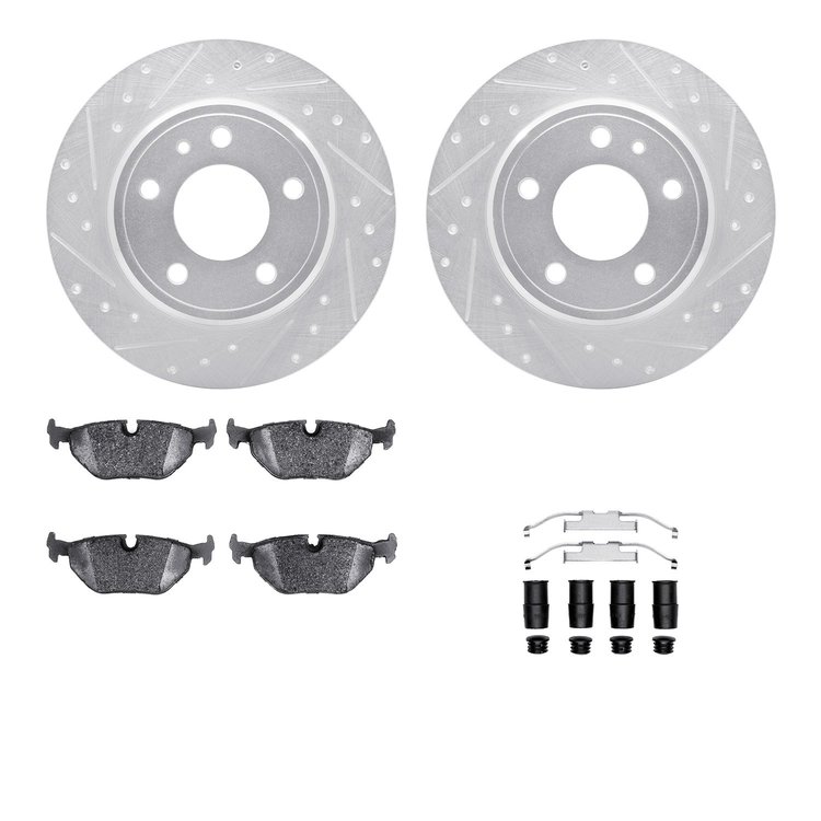 7612-31019 Drilled/Slotted Brake Rotors w/5000 Euro Ceramic Brake Pads Kit & Hardware [Silver], 1987-1992 BMW, Position: Rear