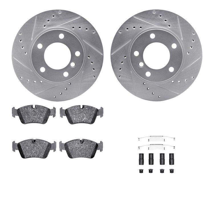 7612-31025 Drilled/Slotted Brake Rotors w/5000 Euro Ceramic Brake Pads Kit & Hardware [Silver], 1991-1998 BMW, Position: Front