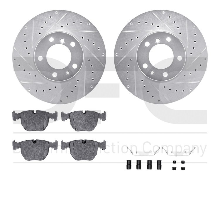 7612-31028 Drilled/Slotted Brake Rotors w/5000 Euro Ceramic Brake Pads Kit & Hardware [Silver], 1995-2001 BMW, Position: Front