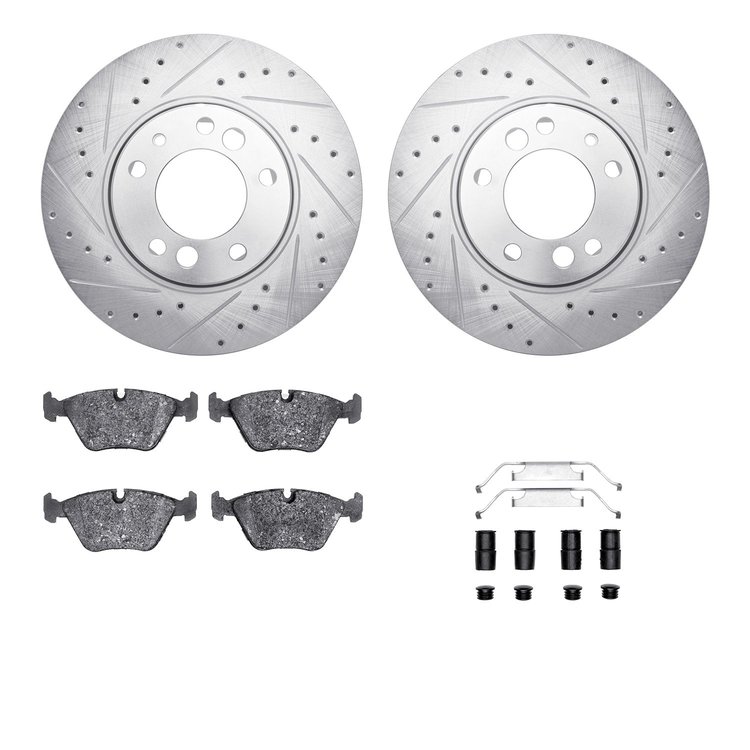 7612-31031 Drilled/Slotted Brake Rotors w/5000 Euro Ceramic Brake Pads Kit & Hardware [Silver], 1991-1993 BMW, Position: Front