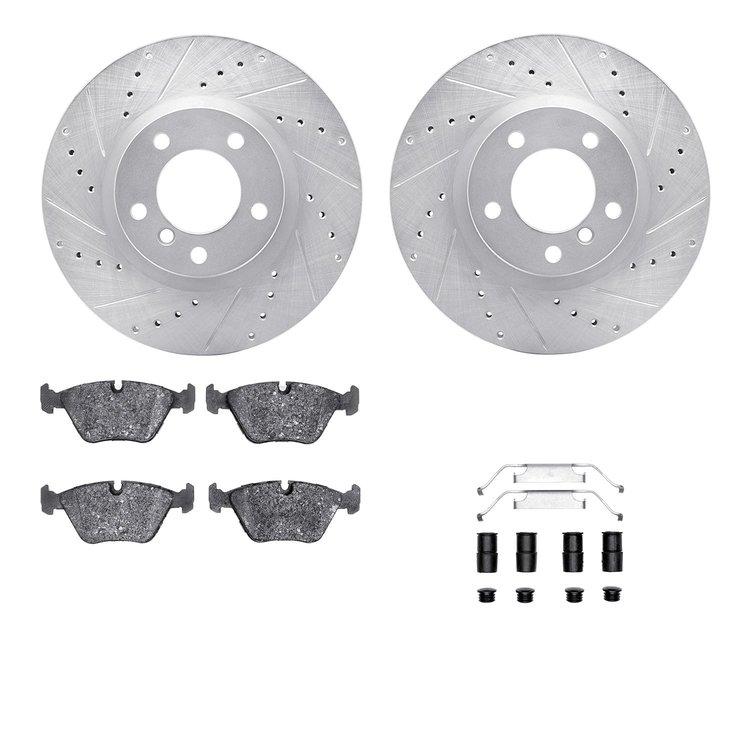 7612-31034 Drilled/Slotted Brake Rotors w/5000 Euro Ceramic Brake Pads Kit & Hardware [Silver], 1995-2002 BMW, Position: Front