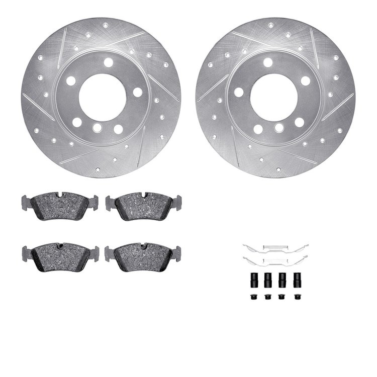 7612-31035 Drilled/Slotted Brake Rotors w/5000 Euro Ceramic Brake Pads Kit & Hardware [Silver], 1995-1998 BMW, Position: Front