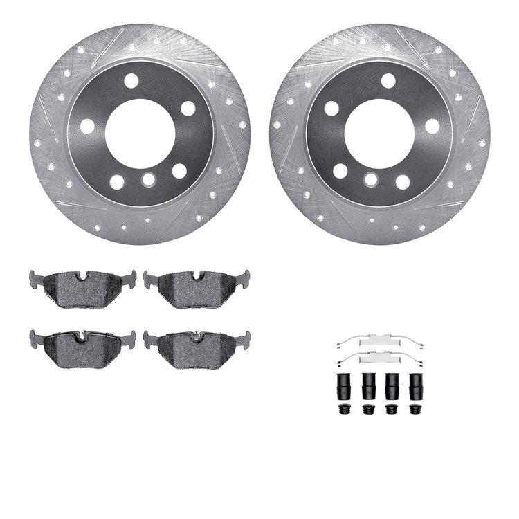 7612-31036 Drilled/Slotted Brake Rotors w/5000 Euro Ceramic Brake Pads Kit & Hardware [Silver], 1995-1999 BMW, Position: Rear