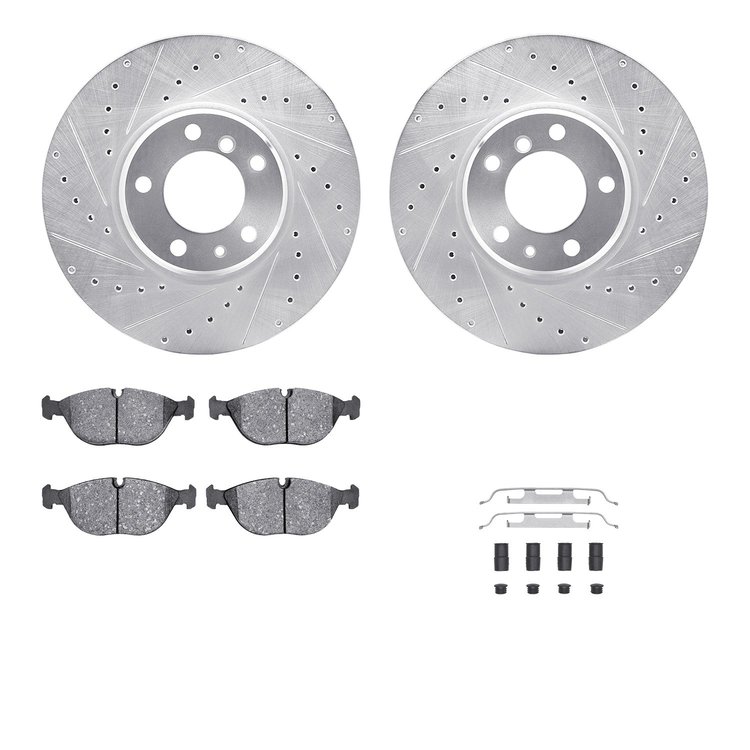 7612-31037 Drilled/Slotted Brake Rotors w/5000 Euro Ceramic Brake Pads Kit & Hardware [Silver], 1995-2001 BMW, Position: Front