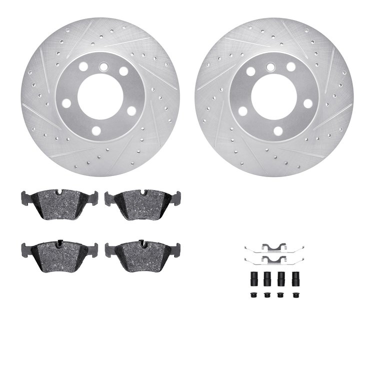 7612-31040 Drilled/Slotted Brake Rotors w/5000 Euro Ceramic Brake Pads Kit & Hardware [Silver], 1996-2003 BMW, Position: Front