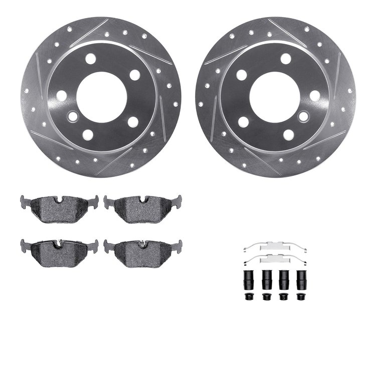 7612-31042 Drilled/Slotted Brake Rotors w/5000 Euro Ceramic Brake Pads Kit & Hardware [Silver], 1996-2002 BMW, Position: Rear