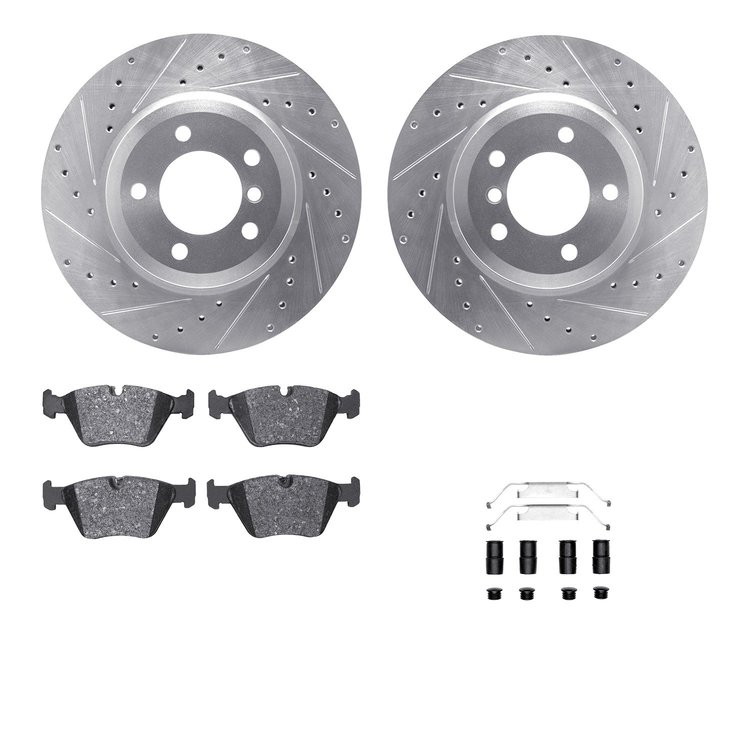 7612-31045 Drilled/Slotted Brake Rotors w/5000 Euro Ceramic Brake Pads Kit & Hardware [Silver], 2001-2008 BMW, Position: Front