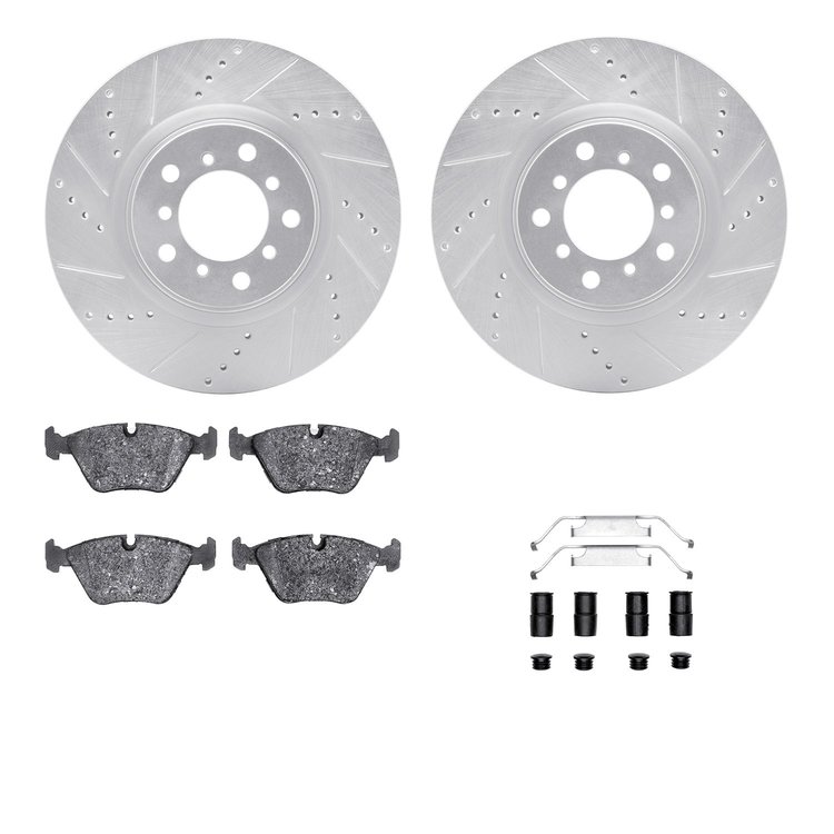 7612-31050 Drilled/Slotted Brake Rotors w/5000 Euro Ceramic Brake Pads Kit & Hardware [Silver], 2001-2005 BMW, Position: Front