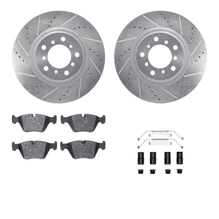7612-31051 Drilled/Slotted Brake Rotors w/5000 Euro Ceramic Brake Pads Kit & Hardware [Silver], 2006-2006 BMW, Position: Front