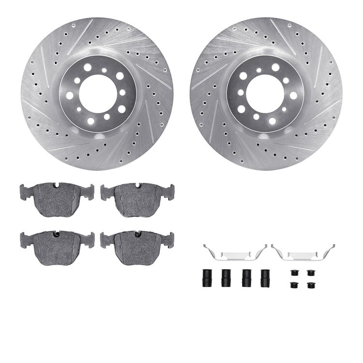 7612-31052 Drilled/Slotted Brake Rotors w/5000 Euro Ceramic Brake Pads Kit & Hardware [Silver], 2000-2003 BMW, Position: Front