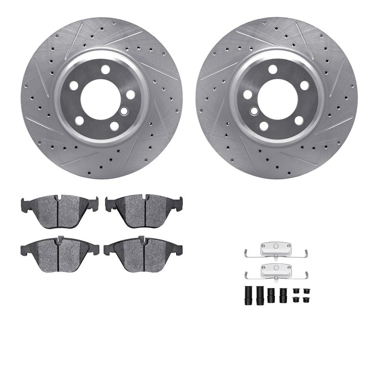 7612-31053 Drilled/Slotted Brake Rotors w/5000 Euro Ceramic Brake Pads Kit & Hardware [Silver], 2002-2008 BMW, Position: Front