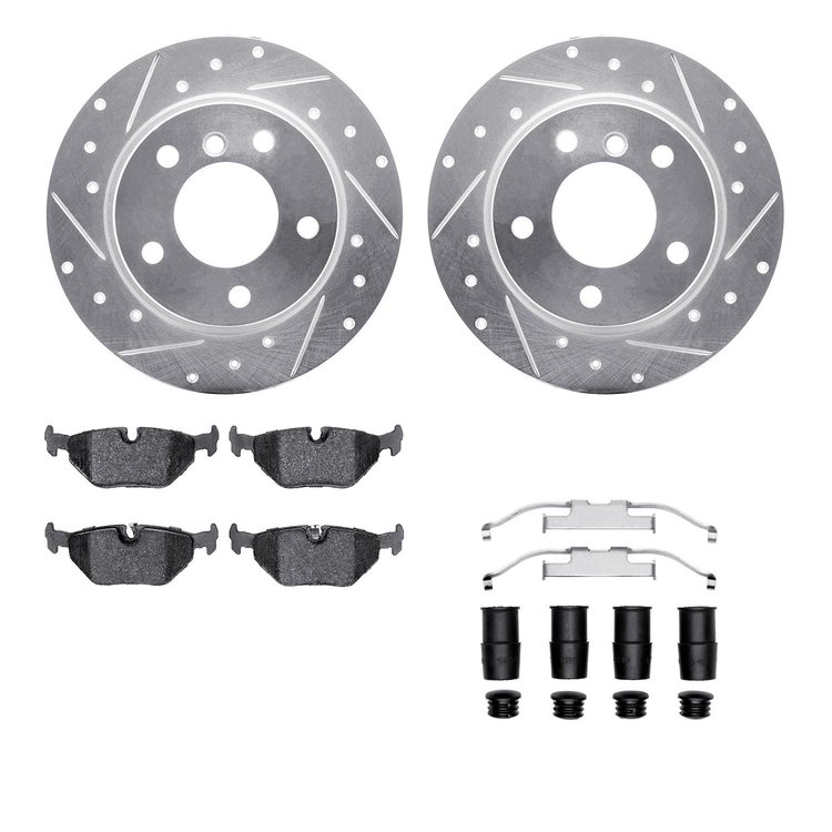 7612-31055 Drilled/Slotted Brake Rotors w/5000 Euro Ceramic Brake Pads Kit & Hardware [Silver], 2003-2006 BMW, Position: Rear
