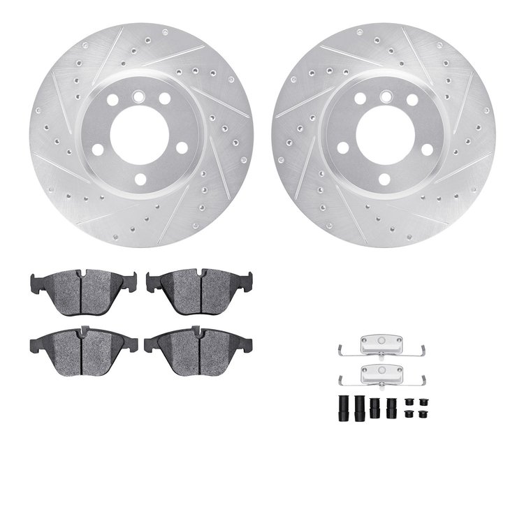 7612-31057 Drilled/Slotted Brake Rotors w/5000 Euro Ceramic Brake Pads Kit & Hardware [Silver], 2004-2010 BMW, Position: Front