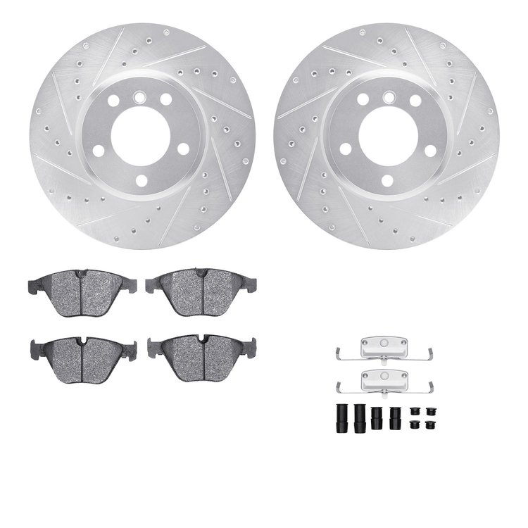 7612-31058 Drilled/Slotted Brake Rotors w/5000 Euro Ceramic Brake Pads Kit & Hardware [Silver], 2008-2010 BMW, Position: Front