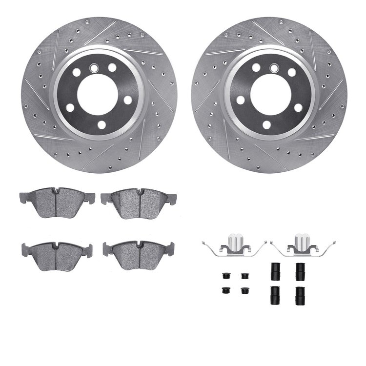 7612-31066 Drilled/Slotted Brake Rotors w/5000 Euro Ceramic Brake Pads Kit & Hardware [Silver], 2006-2012 BMW, Position: Front