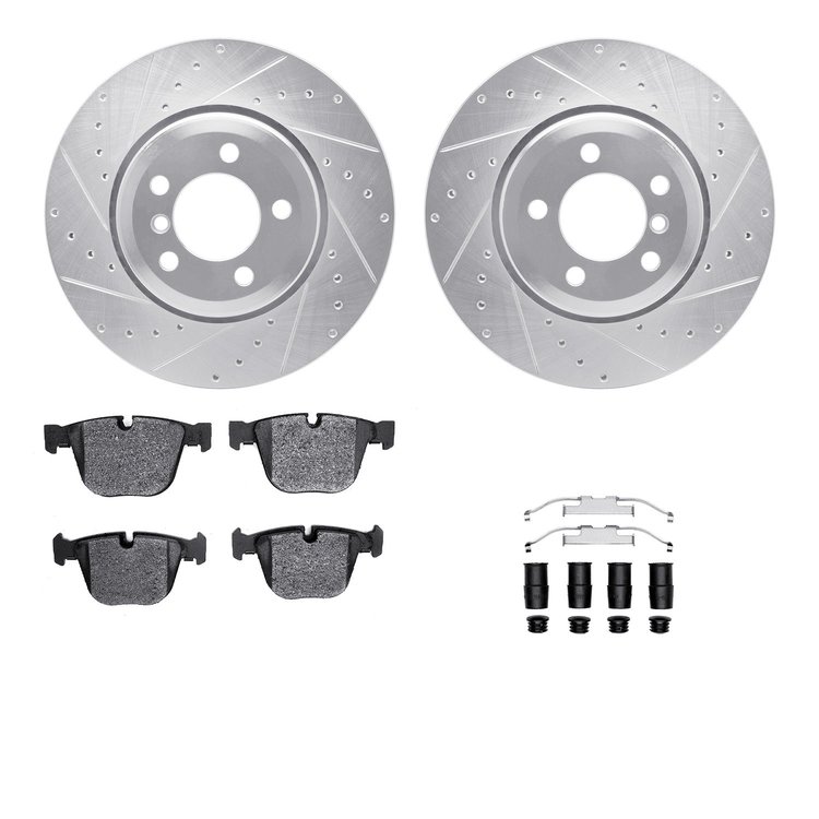7612-31069 Drilled/Slotted Brake Rotors w/5000 Euro Ceramic Brake Pads Kit & Hardware [Silver], 2005-2008 BMW, Position: Rear