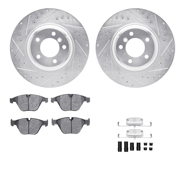 7612-31072 Drilled/Slotted Brake Rotors w/5000 Euro Ceramic Brake Pads Kit & Hardware [Silver], 2007-2015 BMW, Position: Front