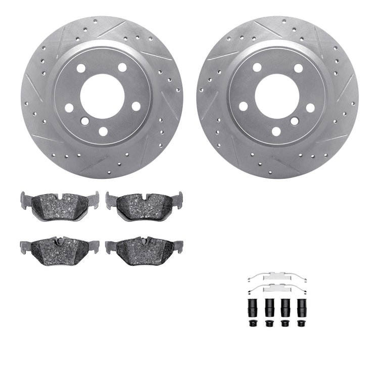 7612-31075 Drilled/Slotted Brake Rotors w/5000 Euro Ceramic Brake Pads Kit & Hardware [Silver], 2008-2013 BMW, Position: Rear