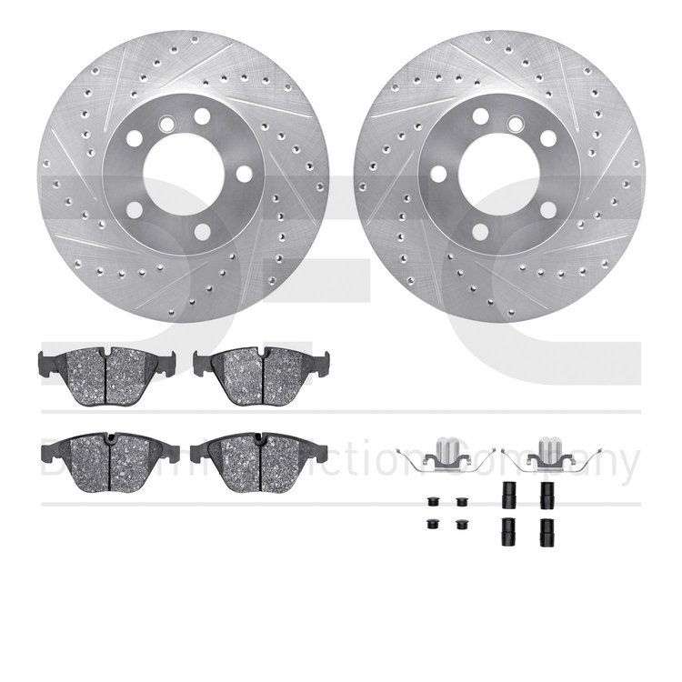 7612-31076 Drilled/Slotted Brake Rotors w/5000 Euro Ceramic Brake Pads Kit & Hardware [Silver], 2007-2015 BMW, Position: Front