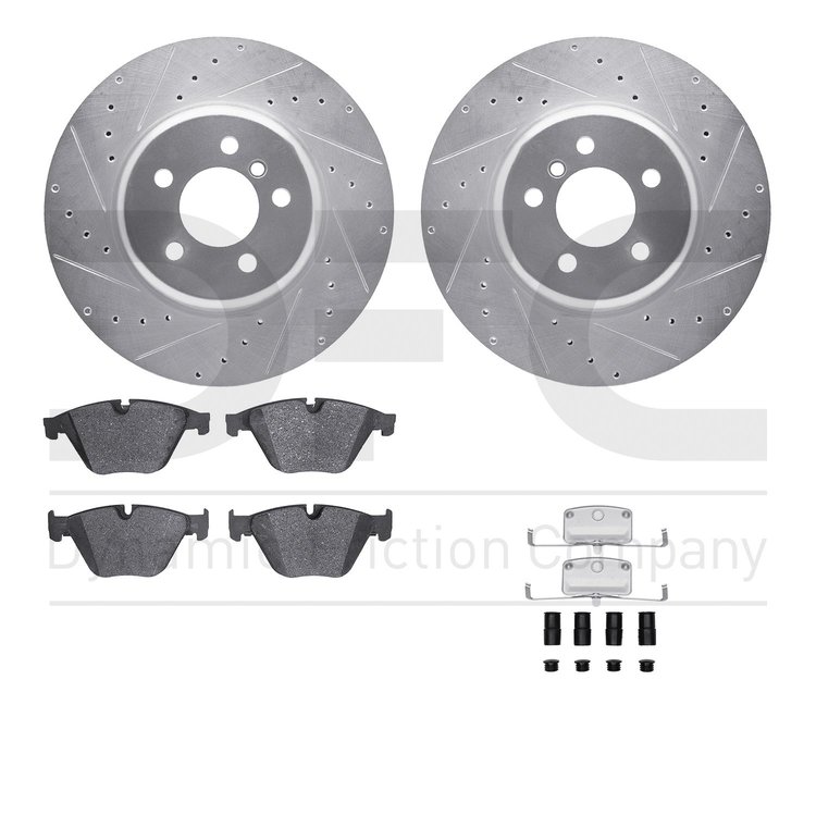 7612-31082 Drilled/Slotted Brake Rotors w/5000 Euro Ceramic Brake Pads Kit & Hardware [Silver], 2011-2019 BMW, Position: Front