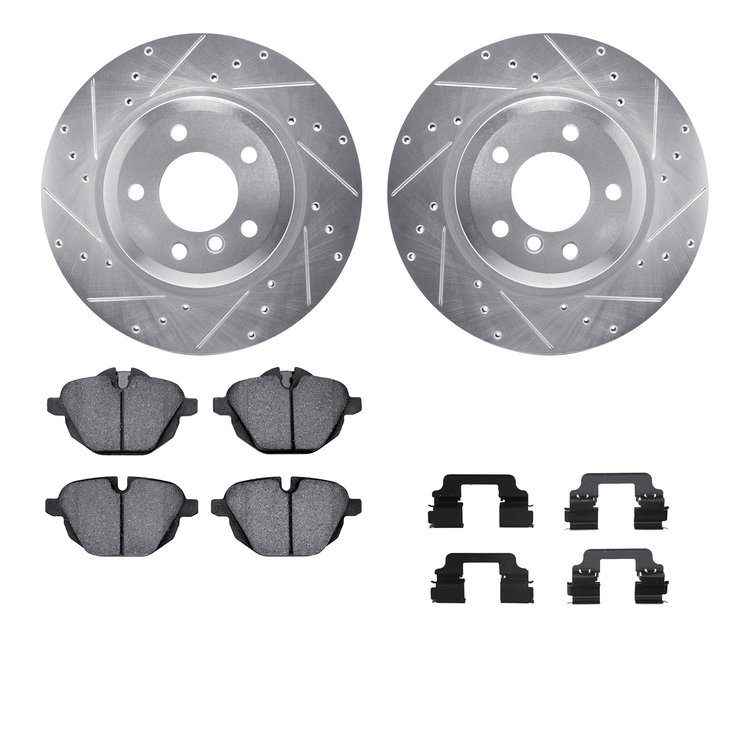7612-31091 Drilled/Slotted Brake Rotors w/5000 Euro Ceramic Brake Pads Kit & Hardware [Silver], 2011-2016 BMW, Position: Rear